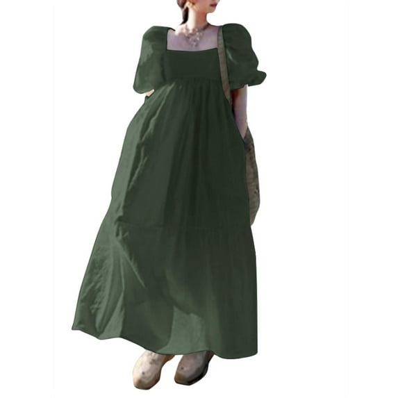 ZANZEA Women Square Neck Vintage Cuffs Puff Sleeve Elastic Maxi Dress