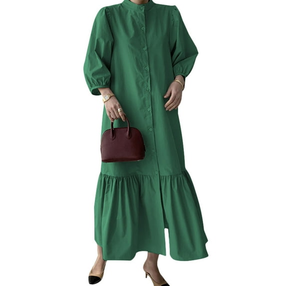 ZANZEA Women Stand Collar Puff Sleeve Button Down Ruffled Dress