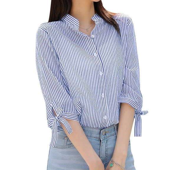 ZANZEA Women Striped Shirts 3/4 Sleeve Button Blouse Casual Loose Office Tops