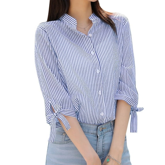 ZANZEA Women Striped Shirts 3/4 Sleeve Button Blouse Casual Loose Office Tops