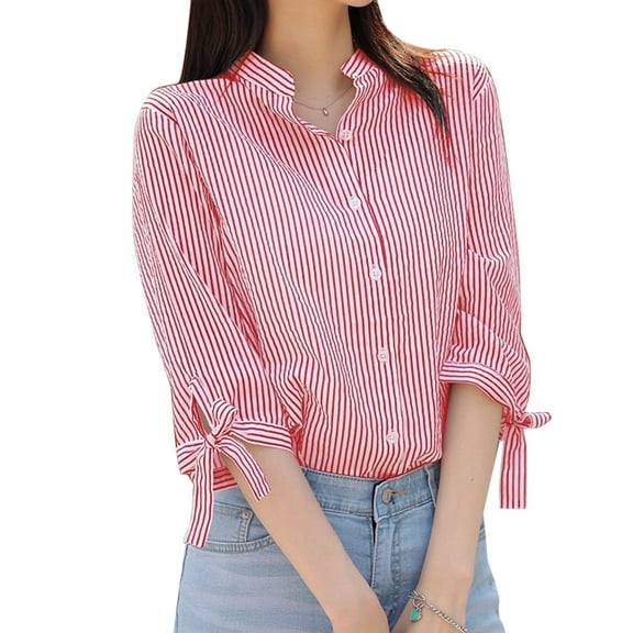ZANZEA Women Striped Shirts 3/4 Sleeve Button Blouse Casual Loose Office Tops