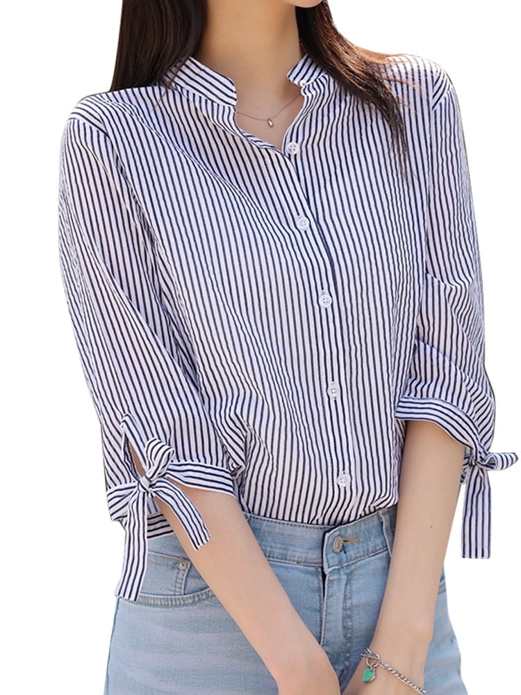 Krizia Stripes with Neck Detail 3/4 Sleeves Blouse