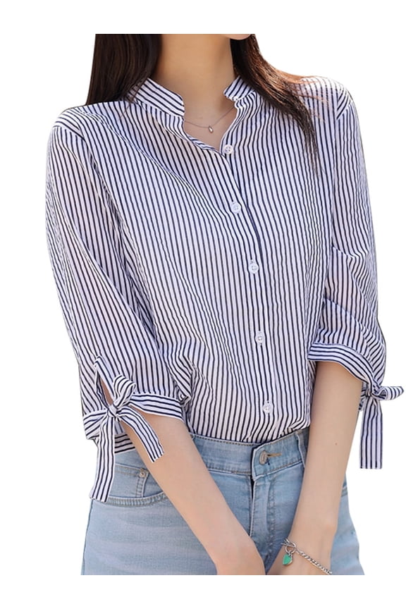 Women Striped Shirts 3/4 Sleeve Button Blouse Casual Loose Office Tops