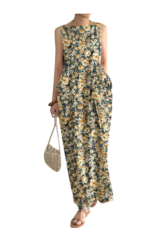 Women Summer Crew Neck Sleeveless Floral Print Kaftan Casual Party Long Dress