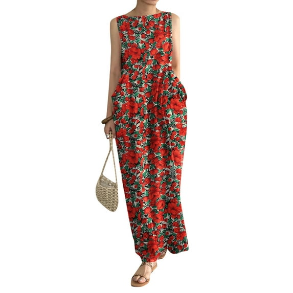 ZANZEA Women Summer Crew Neck Sleeveless Floral Print Kaftan Casual Party Long Dress
