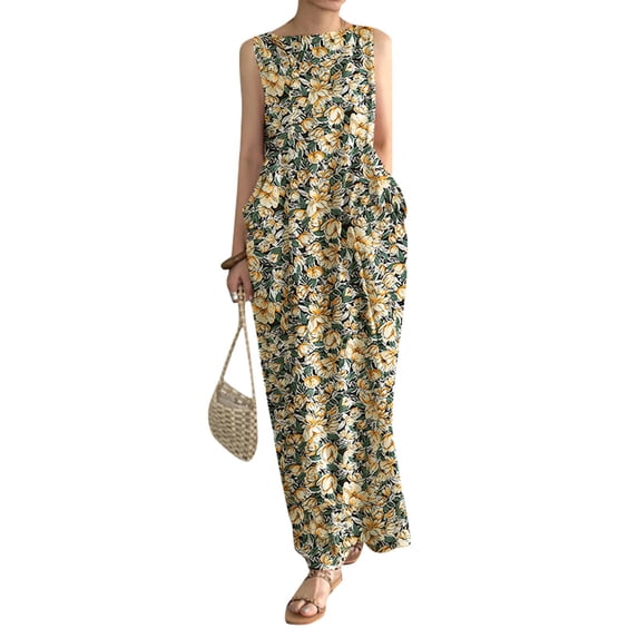 ZANZEA Women Summer Crew Neck Sleeveless Floral Print Kaftan Casual Party Long Dress