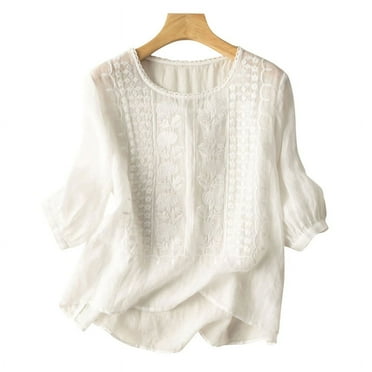 ZANZEA Women Summer Floral Embroidery 3/4 Sleeve O Neck Tops Casual Loose Solid Shirt Blouse