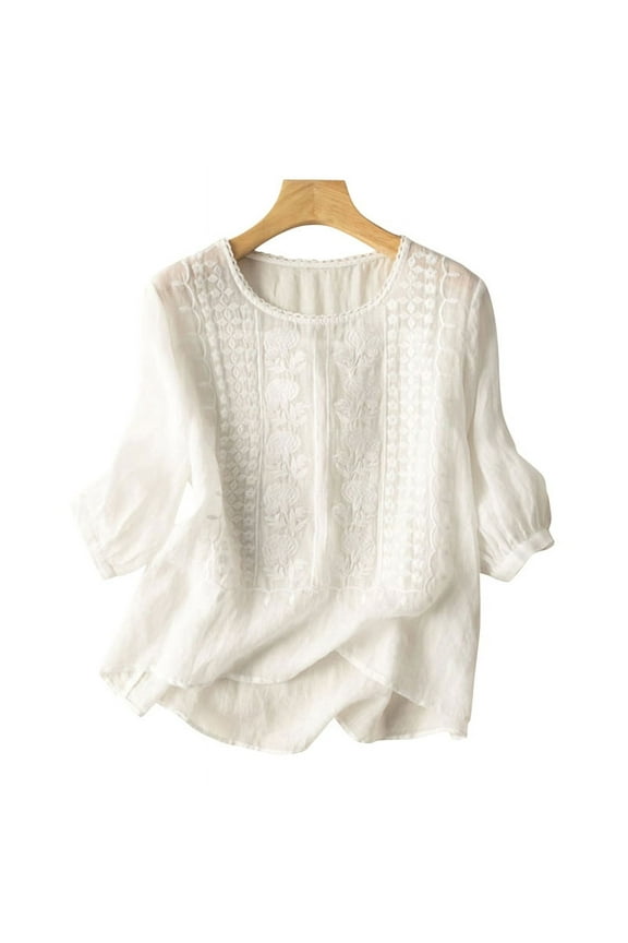 Women Summer Floral Embroidery 3/4 Sleeve O Neck Tops Casual Loose Solid Shirt Blouse