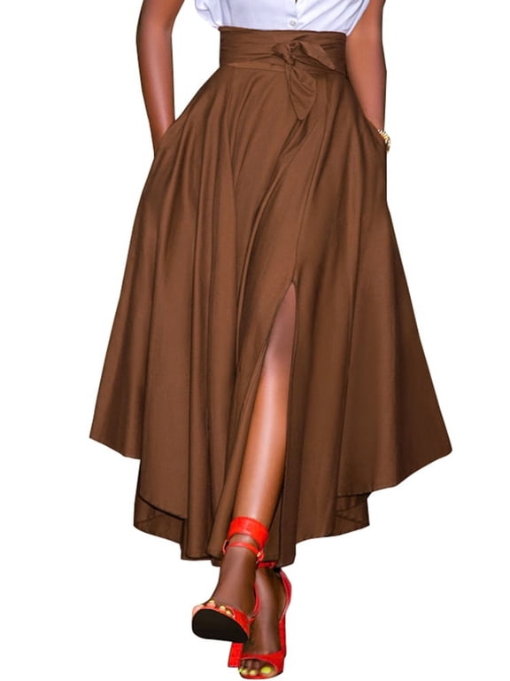 Women Summer Skirts Split Hem Lace-Up Asymmetric Party Casual Long Skirt