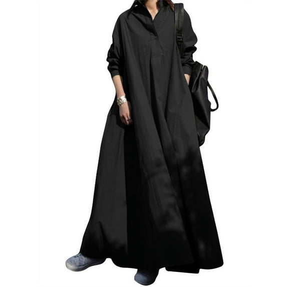 ZANZEA Women Turn-down Collar Long Sleeve Loose Plain Maxi Dresses