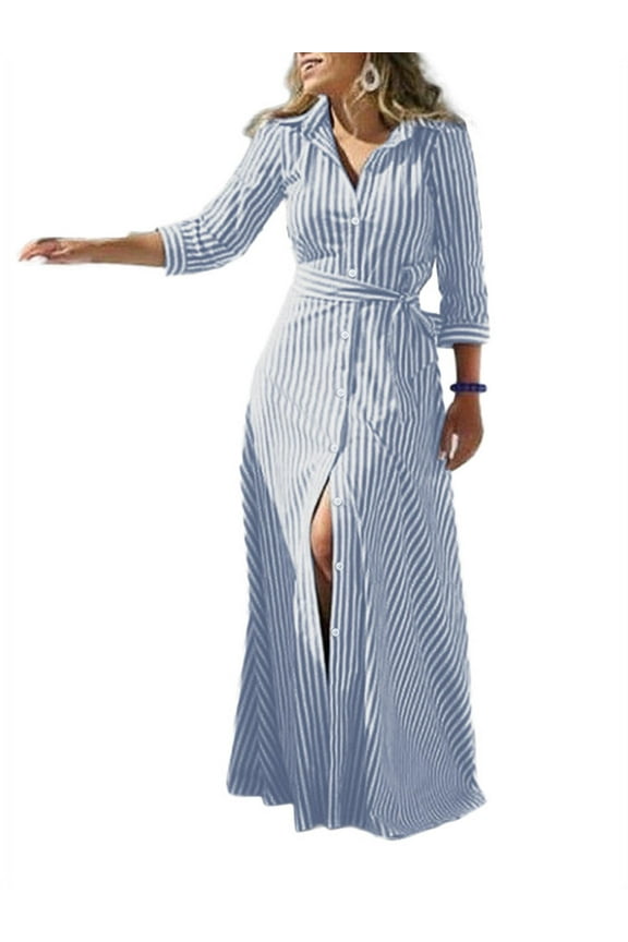 Women Turn-down Collar Striped Belted Button Down Maxi Dress