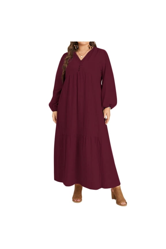Women V-Neck Long Sleeve Flare Swing Holiday Party Kaftan Loose Maxi Long Dress Plus