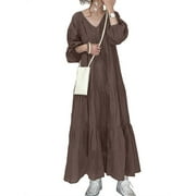ZANZEA Women V-Neck Puff Long Sleeve Holiday Casual Loose Solid Kaftan Tiered Long Dress