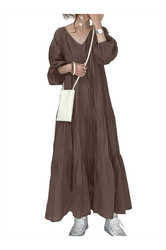Women V-Neck Puff Long Sleeve Holiday Casual Loose Solid Kaftan Tiered Long Dress