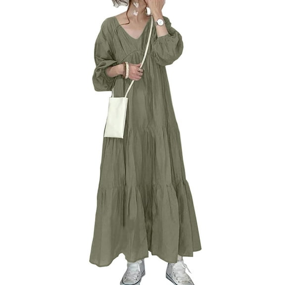 ZANZEA Women V-Neck Puff Sleeve Bohemian Casual Long Dress