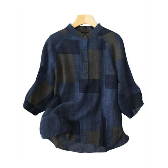 ZANZEA Women Vintage Color Block Plaid Printed Buttons Tunic Blouses
