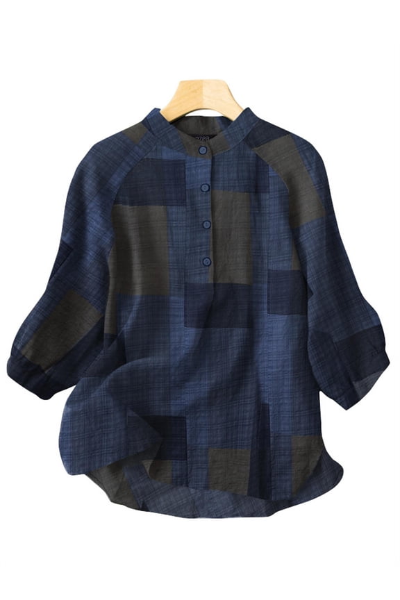Women Vintage Color Block Plaid Printed Buttons Tunic Blouses