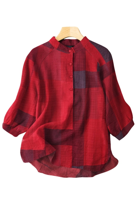 Women Vintage Color Block Plaid Printed Buttons Tunic Blouses