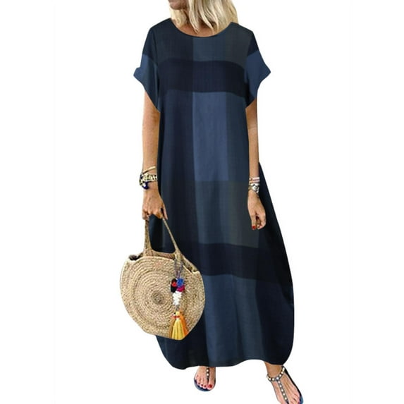 ZANZEA Women Vintage Plaid Check Short Sleeve Kaftan Long Dress