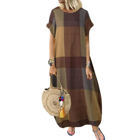ZANZEA Women Vintage Plaid Check Short Sleeve Kaftan Long Dress
