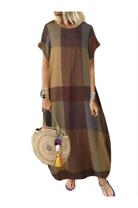 Women Vintage Plaid Check Short Sleeve Kaftan Long Dress