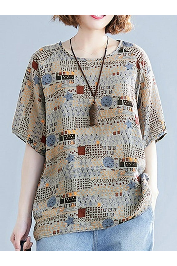 Women Vintage Printed Top T Shirt Tee Pullover Vintage Floral Blouse