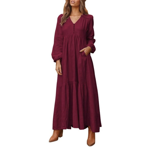 ZANZEA Women Vintage Solid Color Holiday Dress Party Clubbing V-Neck Long Maxi Dress
