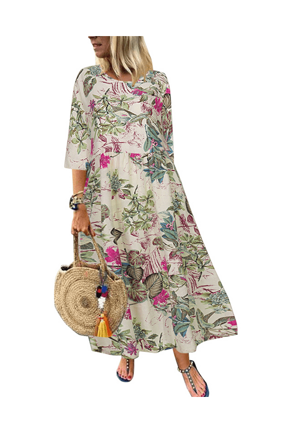 Women's 3/4 Sleeve Long Shirt Dresses Crew Neck Midi Dress