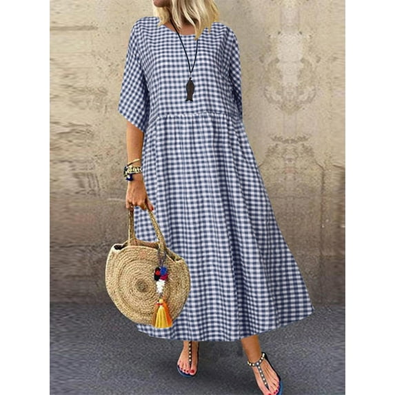 ZANZEA Women's Casual Plaid Printed Short Sleeve Dresses Tunic Dress