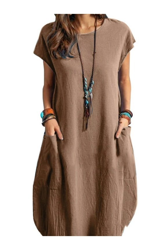 Women's Daily Casual Side Pocket Round Neck Short Sleeve Cotton Midi Dress