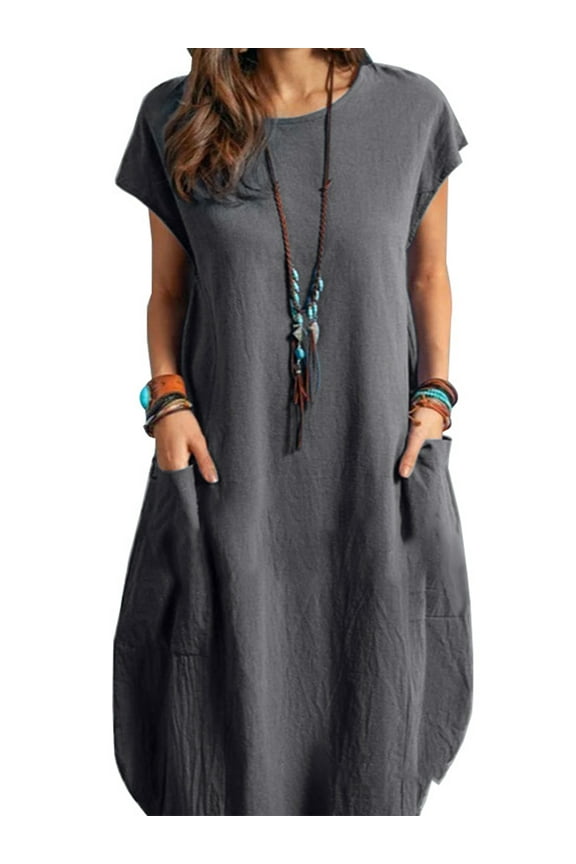 Women's Daily Casual Side Pocket Round Neck Short Sleeve Cotton Midi Dress