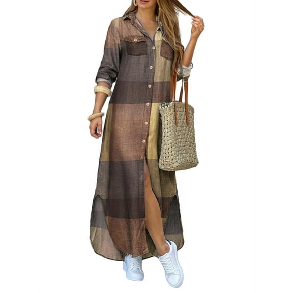ZANZEA Women's Long Shirt Collar Checked Plaid Dress Tie Dye Vintage Print Dress