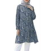 ZANZEA Women's Long Sleeve Button Up Tunic Tops Floral Print Muslim Blouse Tops