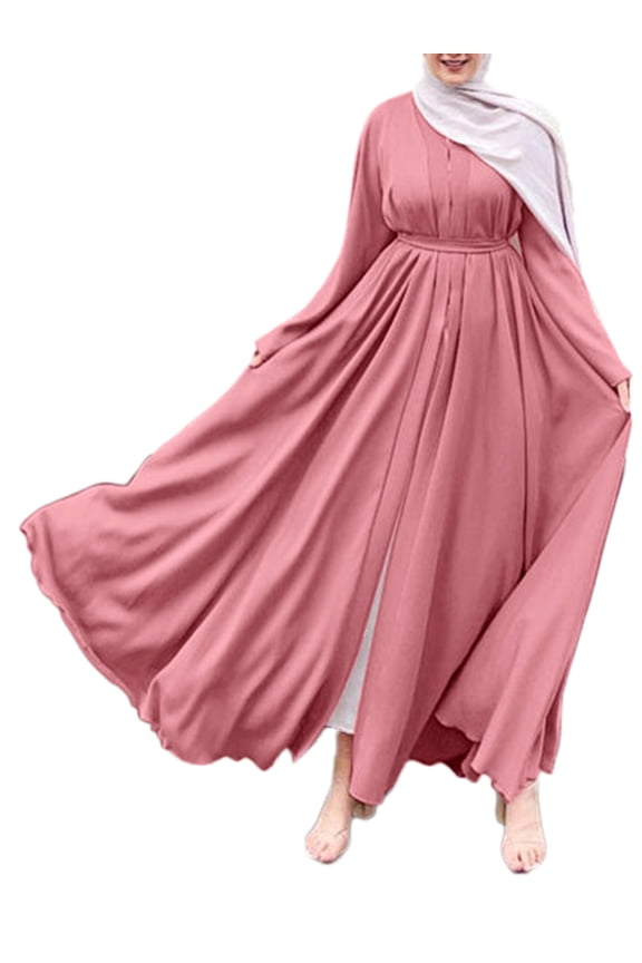 Women's Muslim Long Sleeves Casual Big A Swing Belted Solid Color Dresses