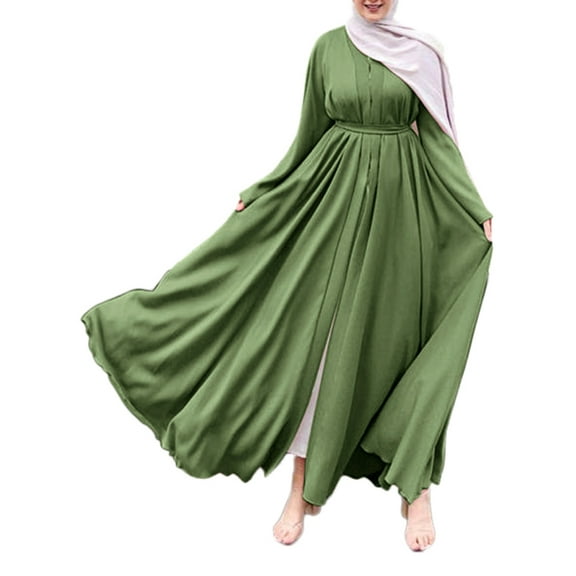 ZANZEA Women's Muslim Long Sleeves Casual Big A Swing Belted Solid Color Dresses