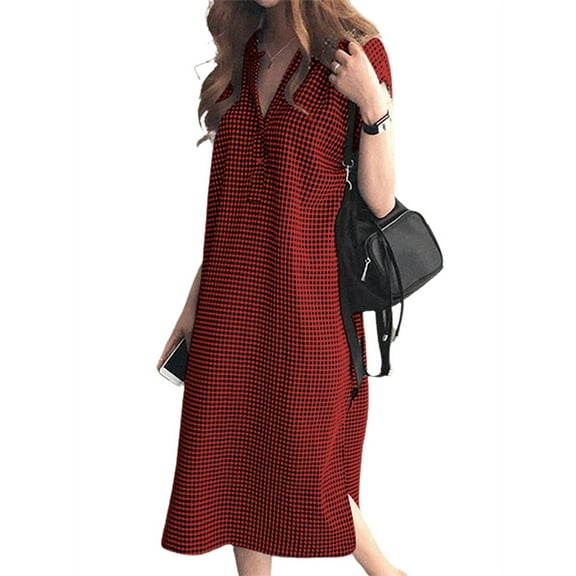 ZANZEA Women's Summer Evening Dress V-Neck Side Fork Plaid Shirt Dresses