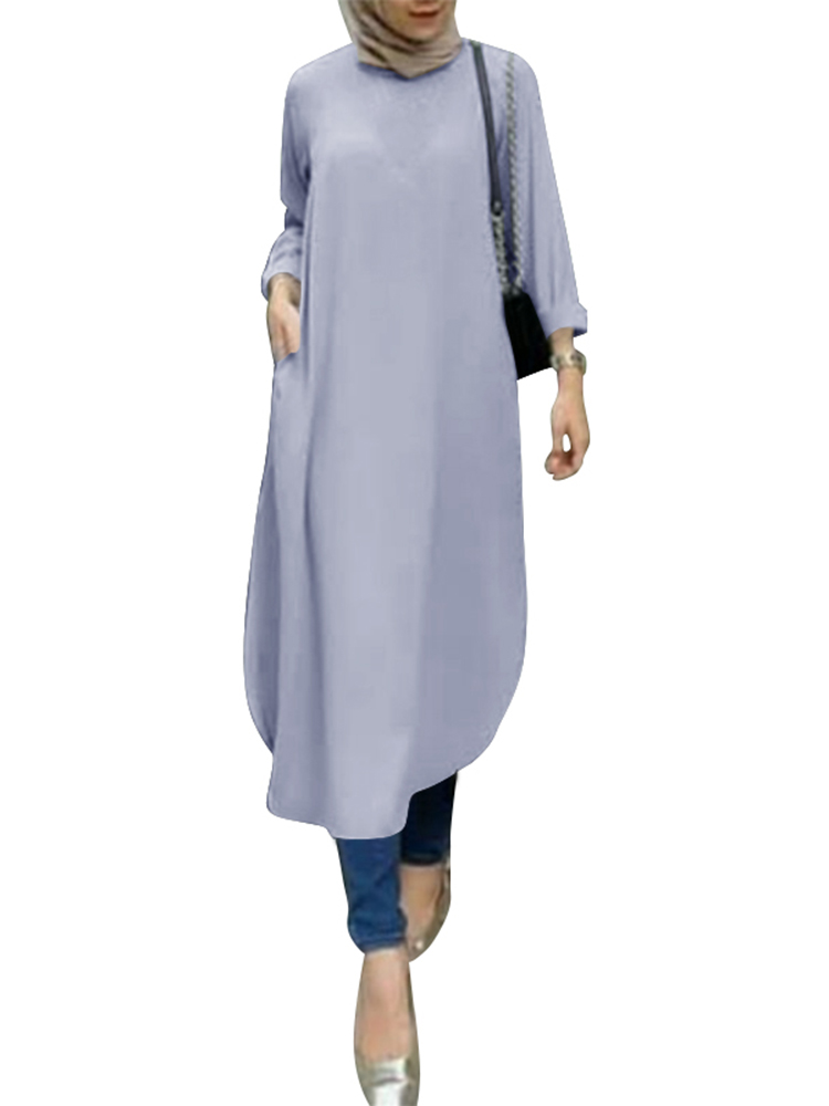 Islamic Clothing Fashion Buttons Down Solid Long Blouse ZANZEA