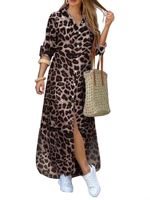 Women's Turn Down Collar Long Sleeve Leopard Print Shirt Dress