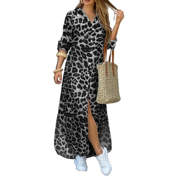 ZANZEA Women's Turn Down Collar Long Sleeve Leopard Print Shirt Dress