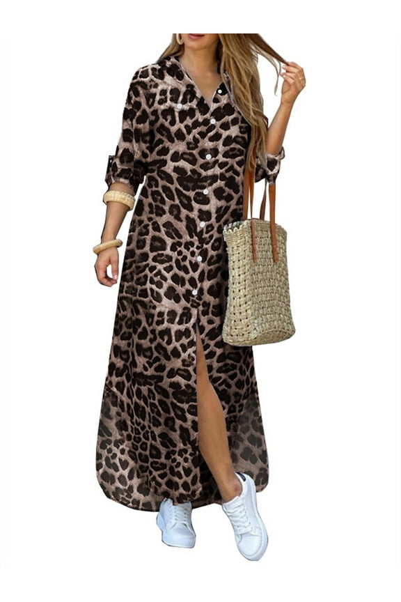 Women's Turn-down Collar Party Dress Leopard Print Half Sleeve Dress