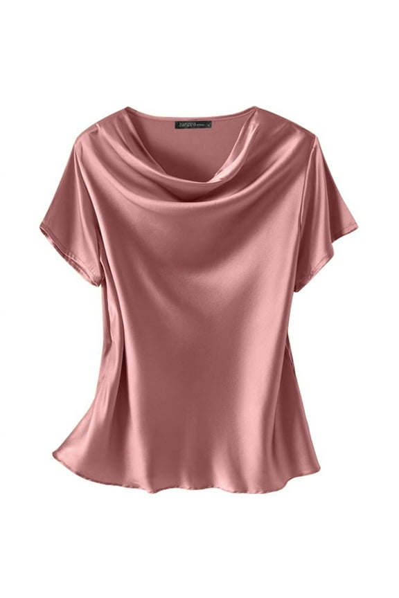 Womens Blouses Short Sleeve Swing Collar Solid Color Thin Tops Shirts