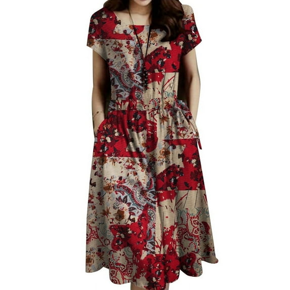 ZANZEA Womens Summer Vintage Floral Short Sleeve Cotton Midi Dress Casual Loose Swing Sundress
