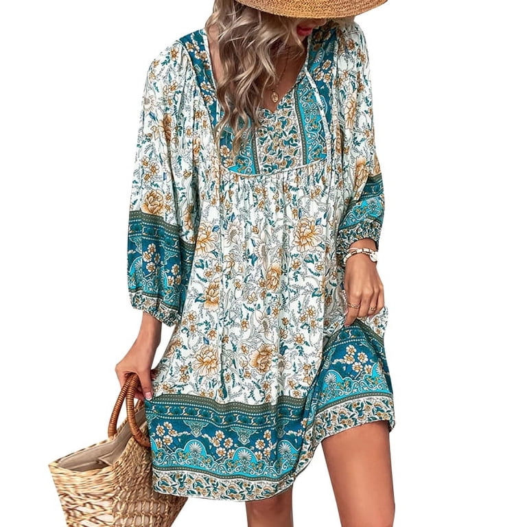 ZANZEA Womens Dresses 3/4 Sleeve V-Neck Printing Above Knee Length Dress -  Walmart.com