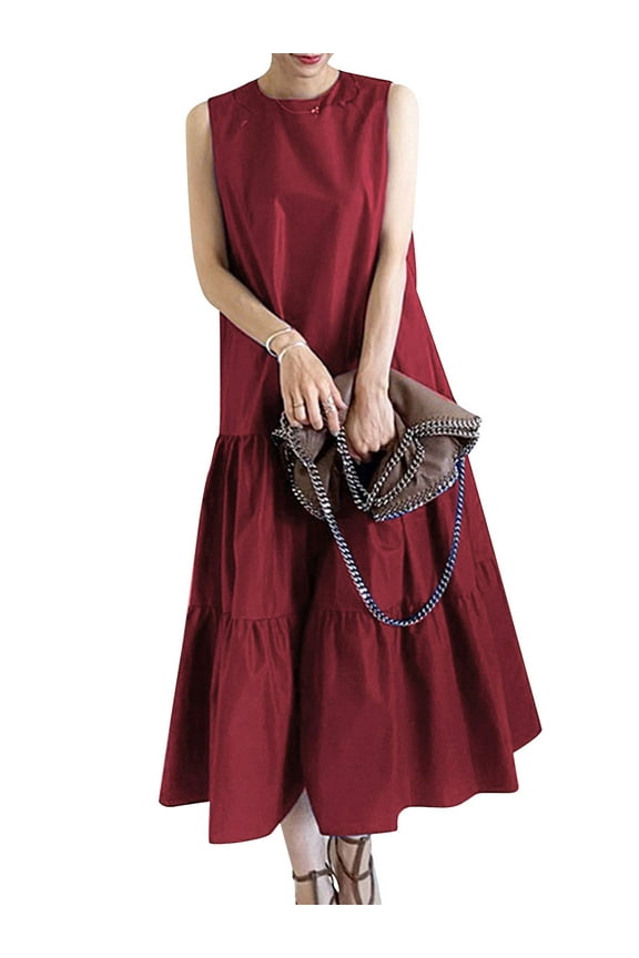 Womens Dresses Casual O-Neck Plain Sleeveless Maxi Dress