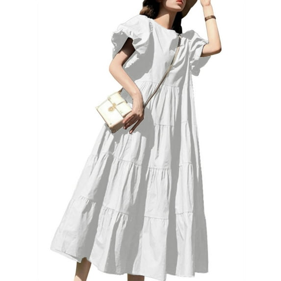 ZANZEA Womens Dresses Casual Plain Vintage Swing Puff Sleeve Long Dress