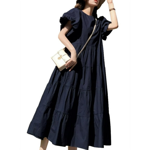 ZANZEA Womens Dresses Casual Plain Vintage Swing Puff Sleeve Long Dress