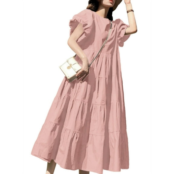 ZANZEA Womens Dresses Casual Plain Vintage Swing Puff Sleeve Long Dress