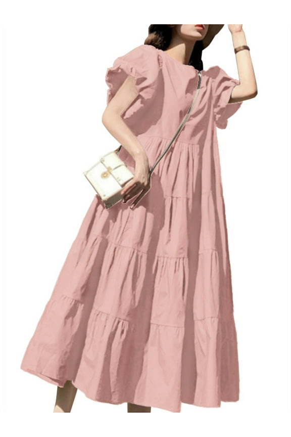 Womens Dresses Casual Plain Vintage Swing Puff Sleeve Long Dress