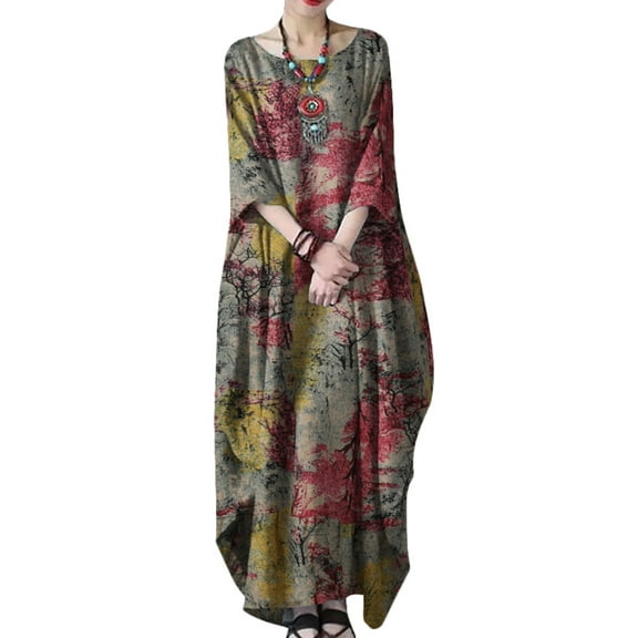 ZANZEA Womens Dresses Casual Ptinted 3/4 Sleeve Side Pockets Maxi Dress