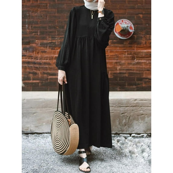 ZANZEA Womens Dresses Crew Neck Long Sleeve Casual Solid Long Maxi Dress